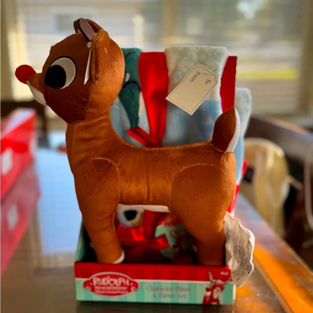 Rudolph the Red Nose Red Deer Travel Blanket with Plush.